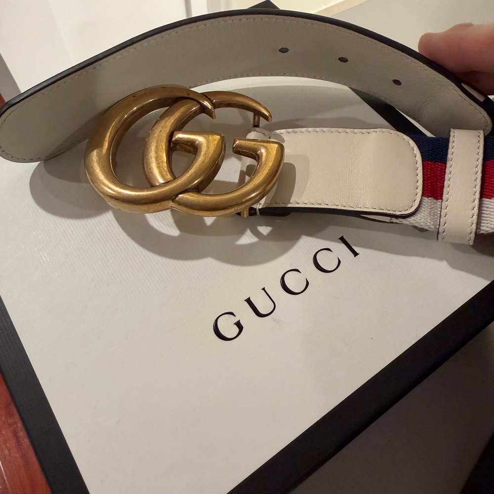 Gucci Double G Web Belt Ivory Leather Red Blue Stripe Gold Buckle Size 85/34